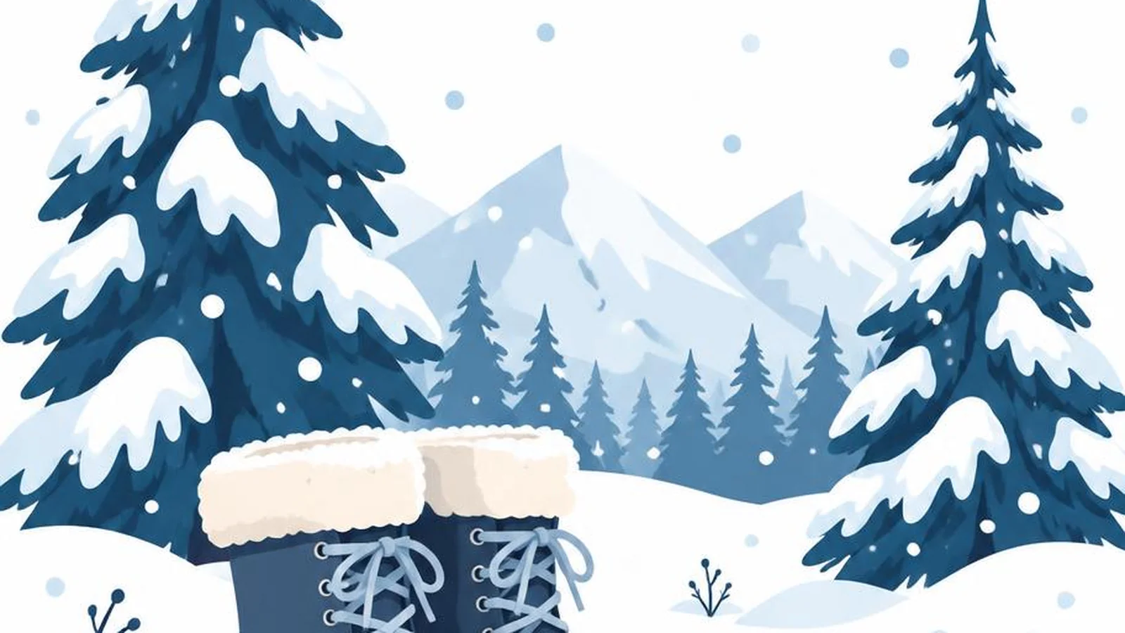 Clean illustration of snowy trees and winter boots on a white background.