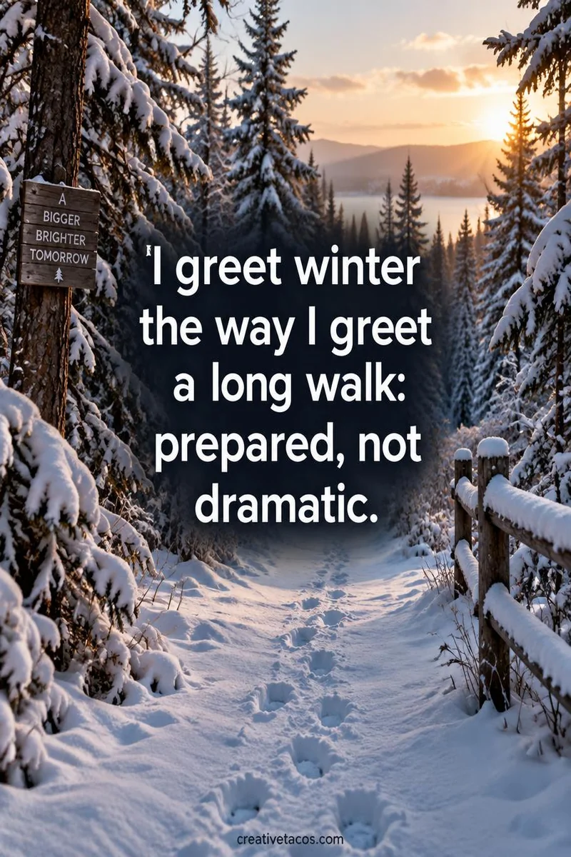 Quote card: I greet winter the way I greet a long walk: prepared, not dramatic.