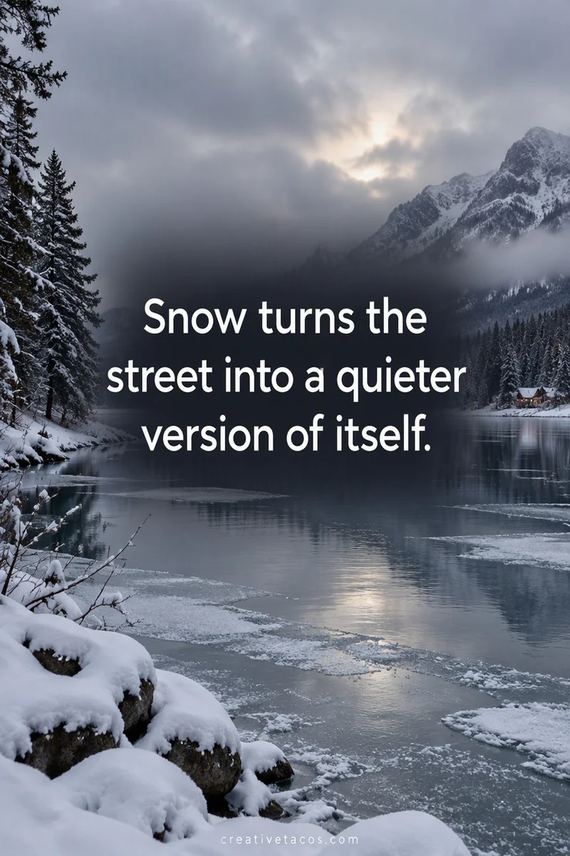 Quote card: Snow turns the street into a quieter version of itself.