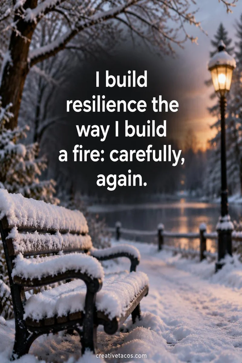 Quote card: I build resilience the way I build a fire: carefully, again.