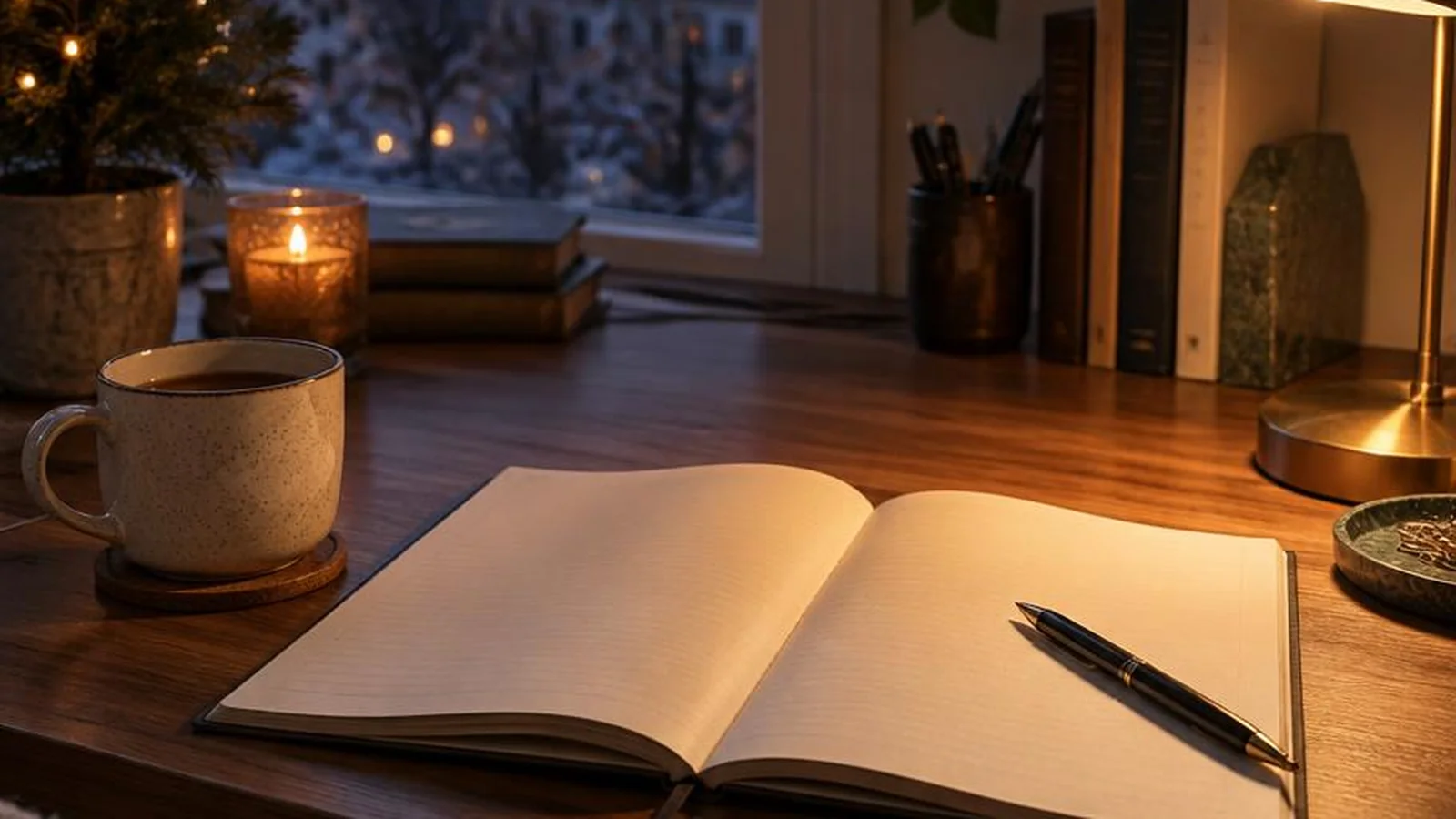 Quiet December desk with a notebook, pen, and evening lamp for year-end reflection.