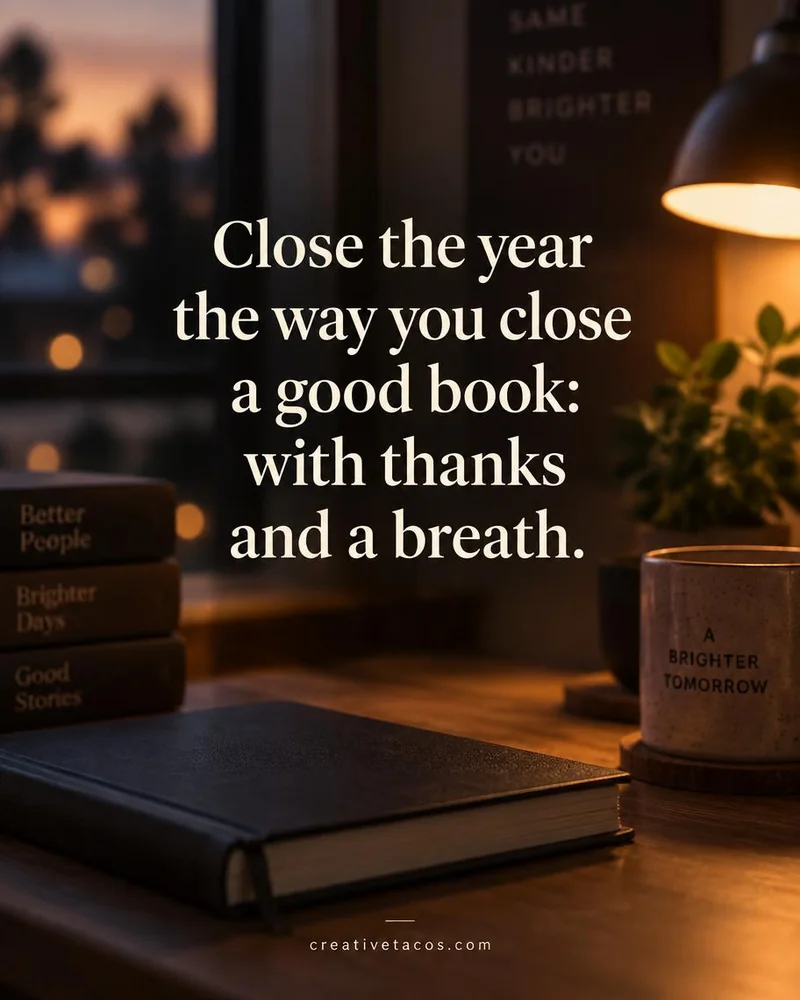 Year-end reflection quote card with notebook, lamp light, and a creativetacos.com footer