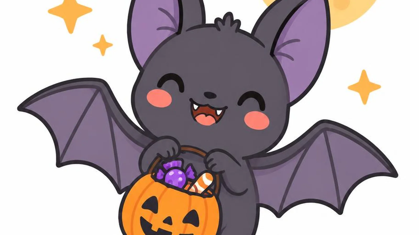 Clean illustration of a friendly bat and candy on a white background for bat puns.