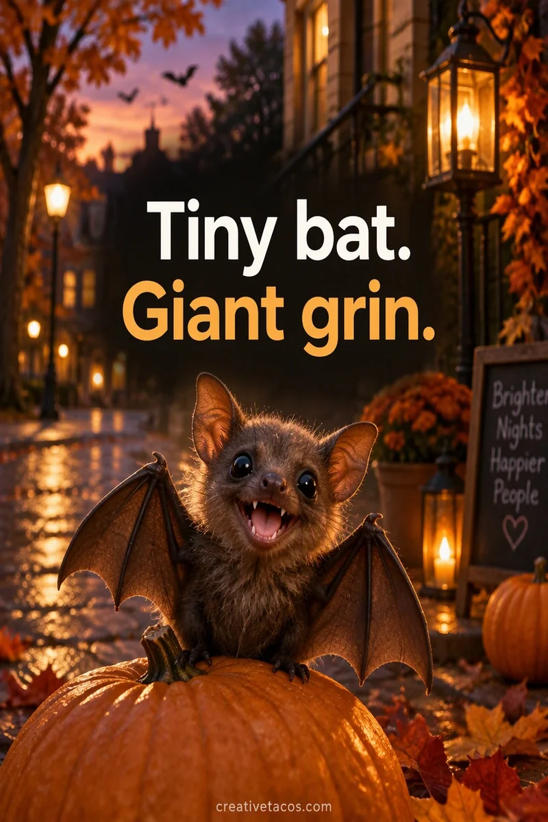 Quote card: Tiny bat. Giant grin.