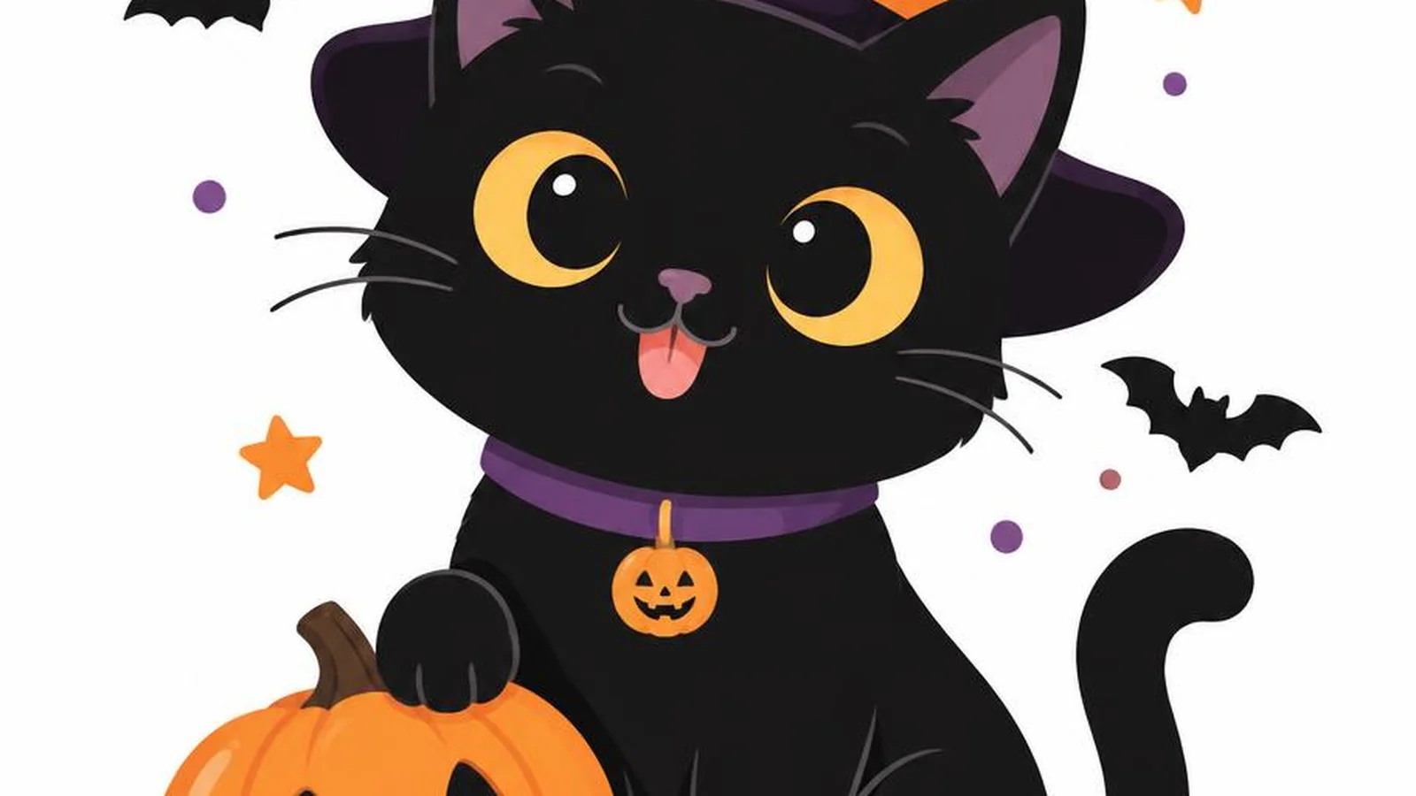 Clean illustration of a friendly black cat and a pumpkin on a white background for black cat captions.