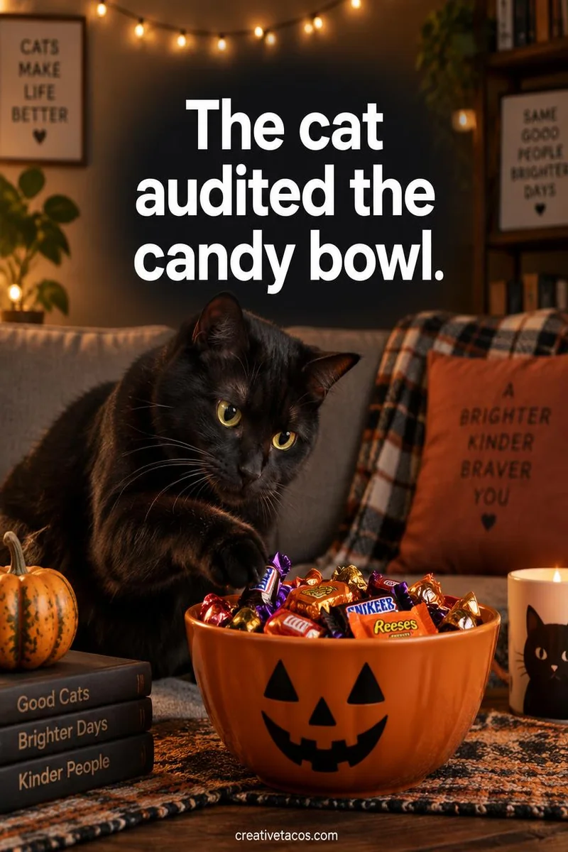 Quote card: The cat audited the candy bowl.