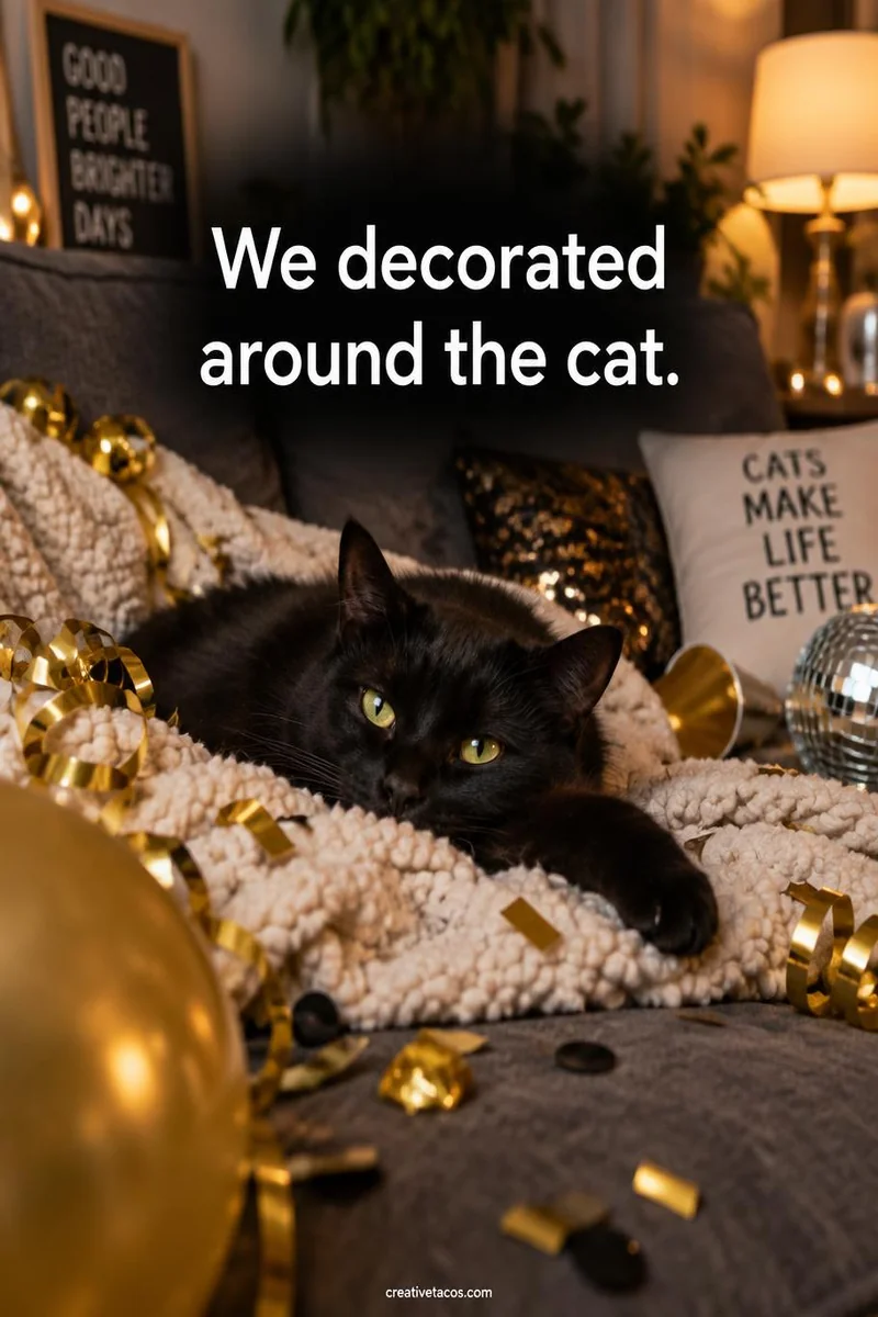 Quote card: We decorated around the cat.
