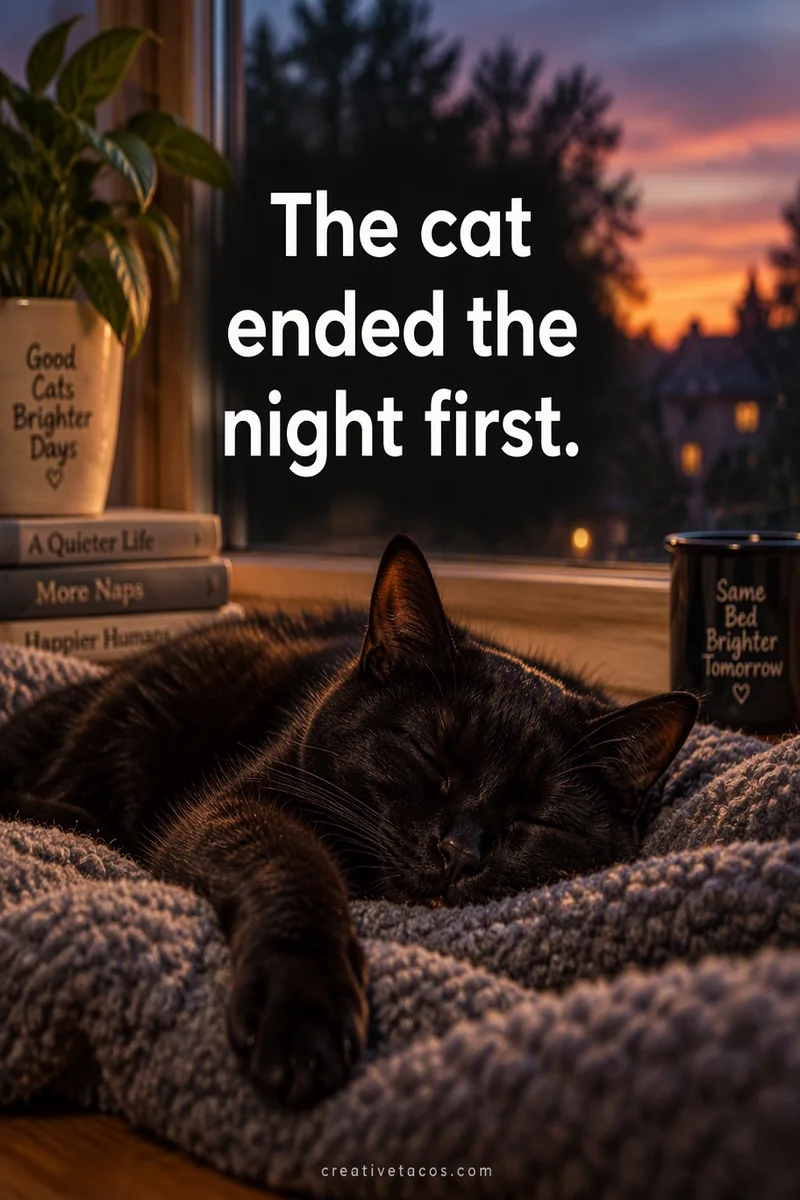 Quote card: The cat ended the night first.