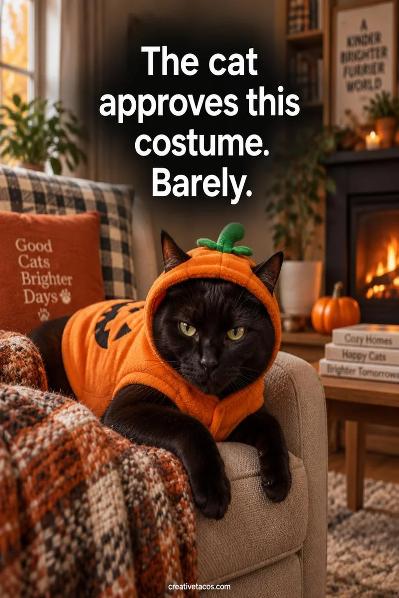 Quote card: The cat approves this costume. Barely.