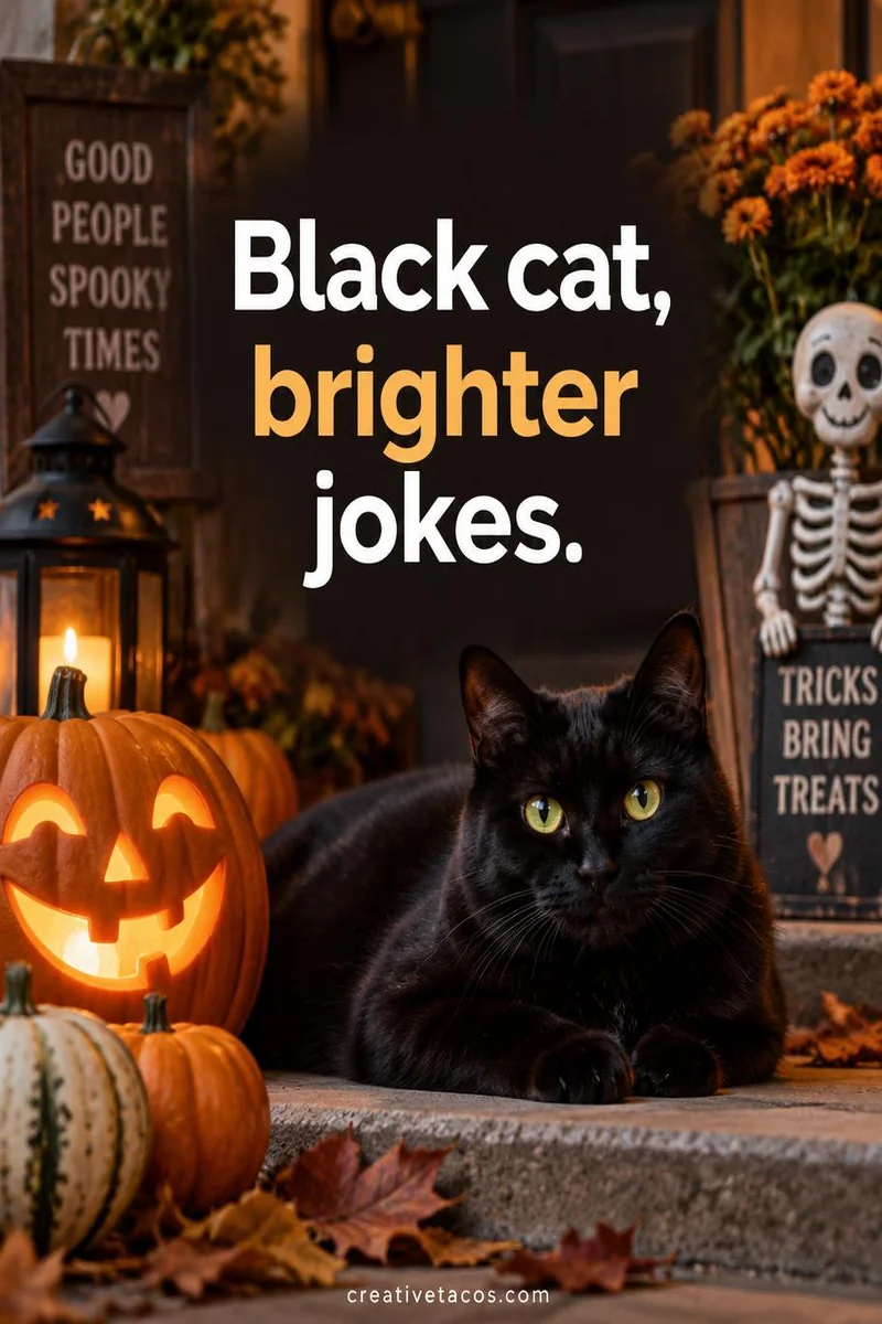 Quote card: Black cat, brighter jokes.