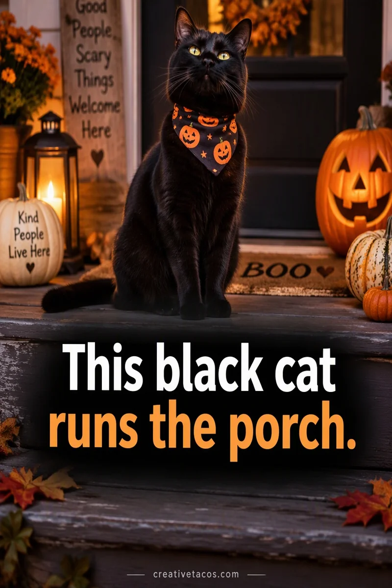 Quote card: This black cat runs the porch.