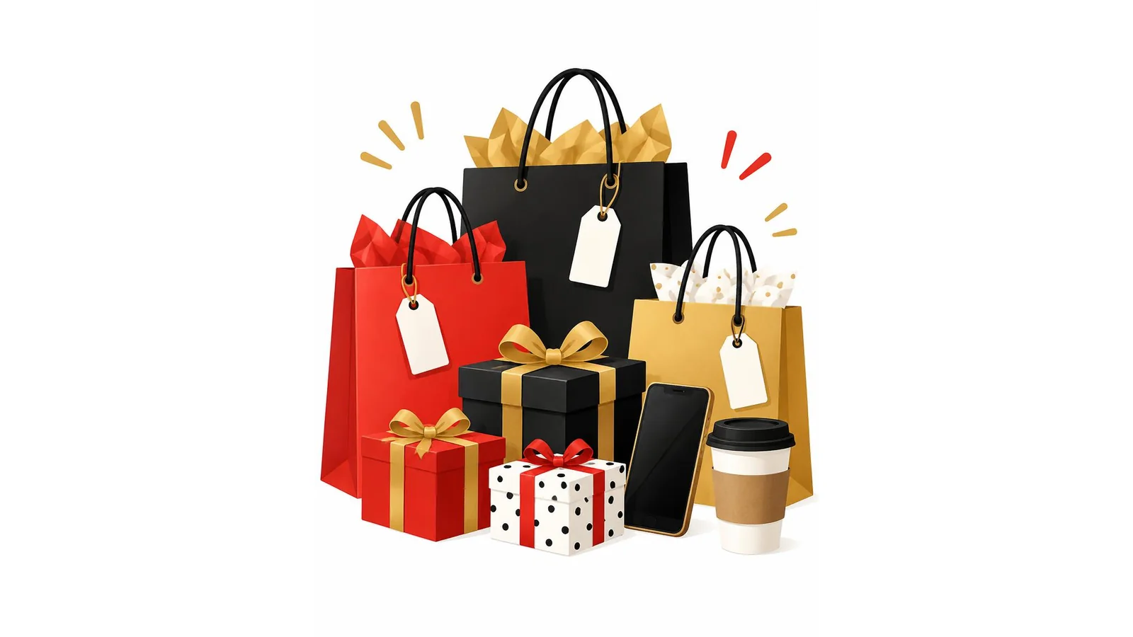 Illustration of colorful plain shopping bags, blank price tags, gift boxes, and a coffee cup on a white background for Black Friday captions.