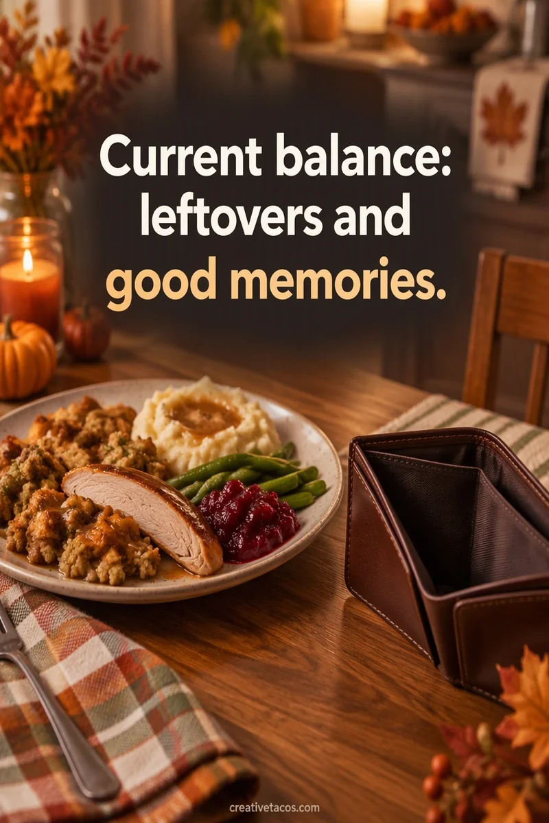 Quote card: Current balance: leftovers and good memories.
