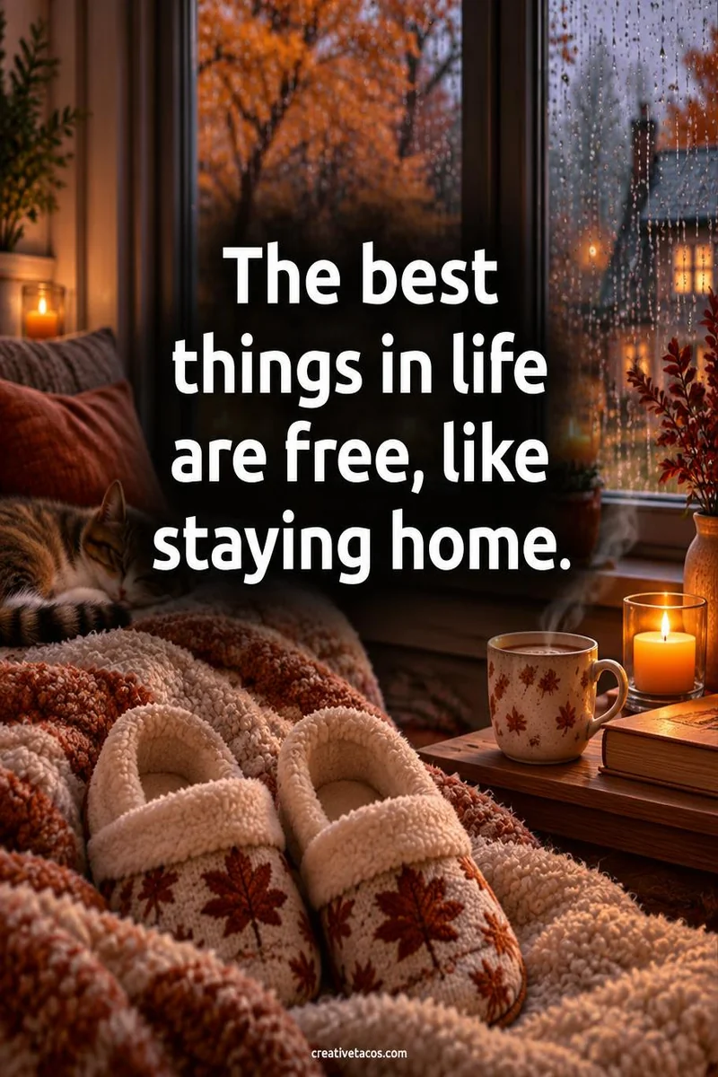Quote card: The best things in life are free, like staying home.