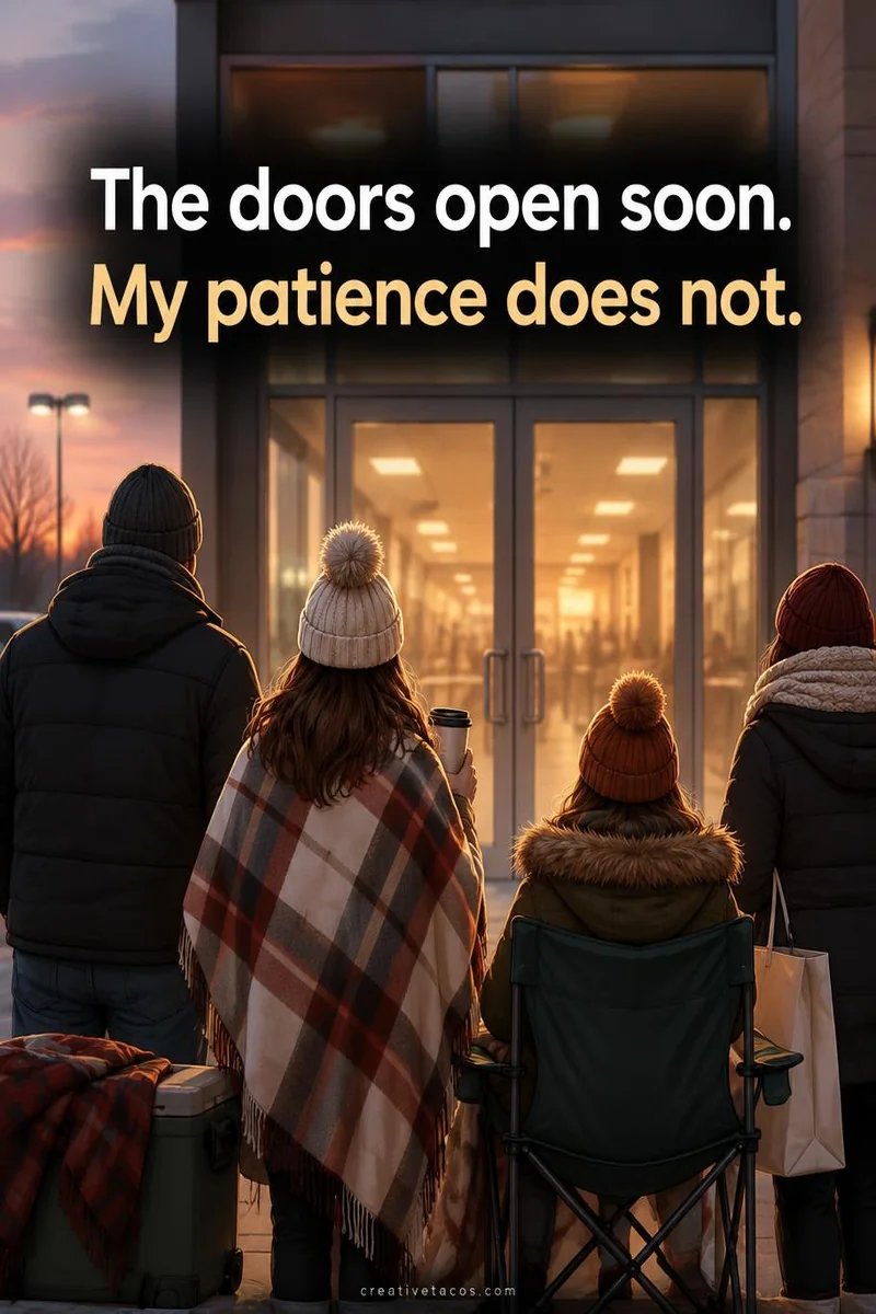 Quote card: The doors open soon. My patience does not.