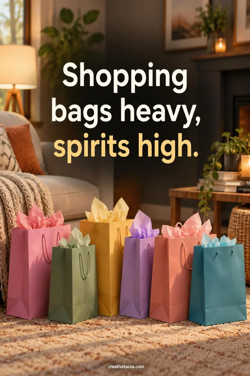 Quote card: Shopping bags heavy, spirits high.