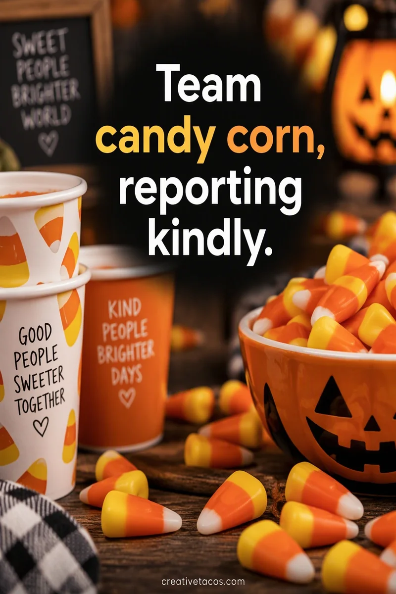 Quote card: Team candy corn, reporting kindly.