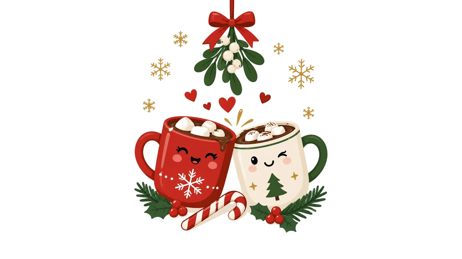 Illustration of two hot cocoa mugs clinking under mistletoe with hearts and a candy cane on a white background for Christmas pick up lines.