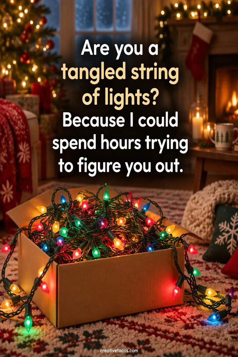 Quote card: Are you a tangled string of lights? Because I could spend hours trying to figure you out.