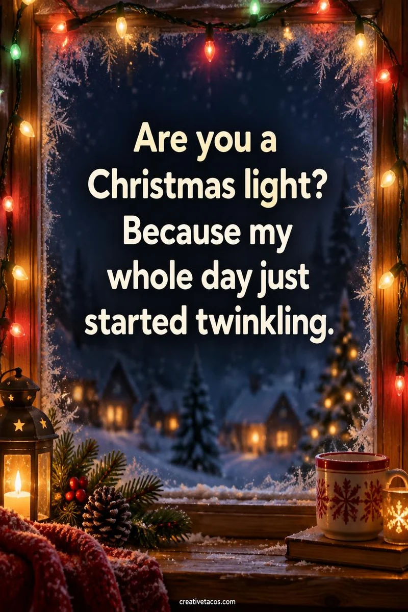 Quote card: Are you a Christmas light? Because my whole day just started twinkling.