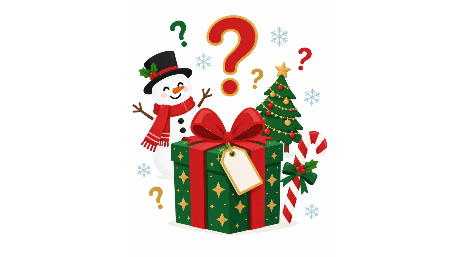 Illustration of a wrapped Christmas present with a question mark, a candy cane, a small tree, and a snowman on a white background for Christmas riddles.