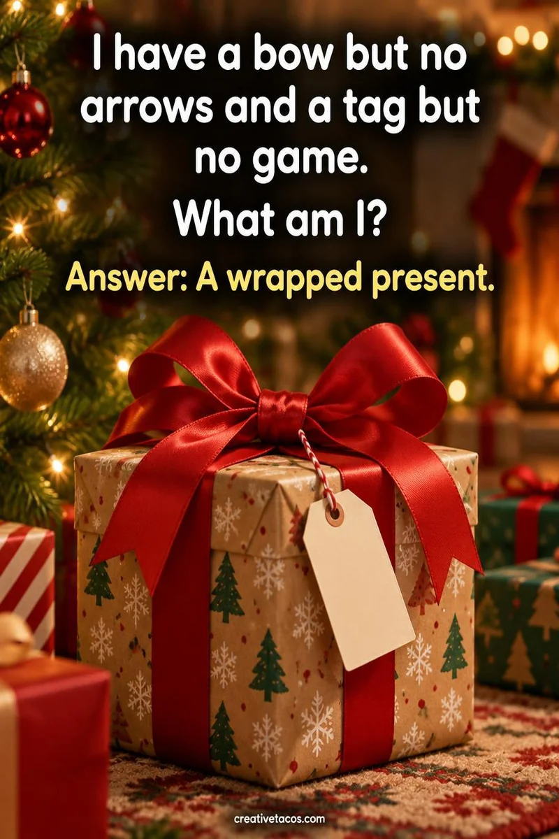 Quote card: I have a bow but no arrows and a tag but no game. What am I? Answer: A wrapped present.