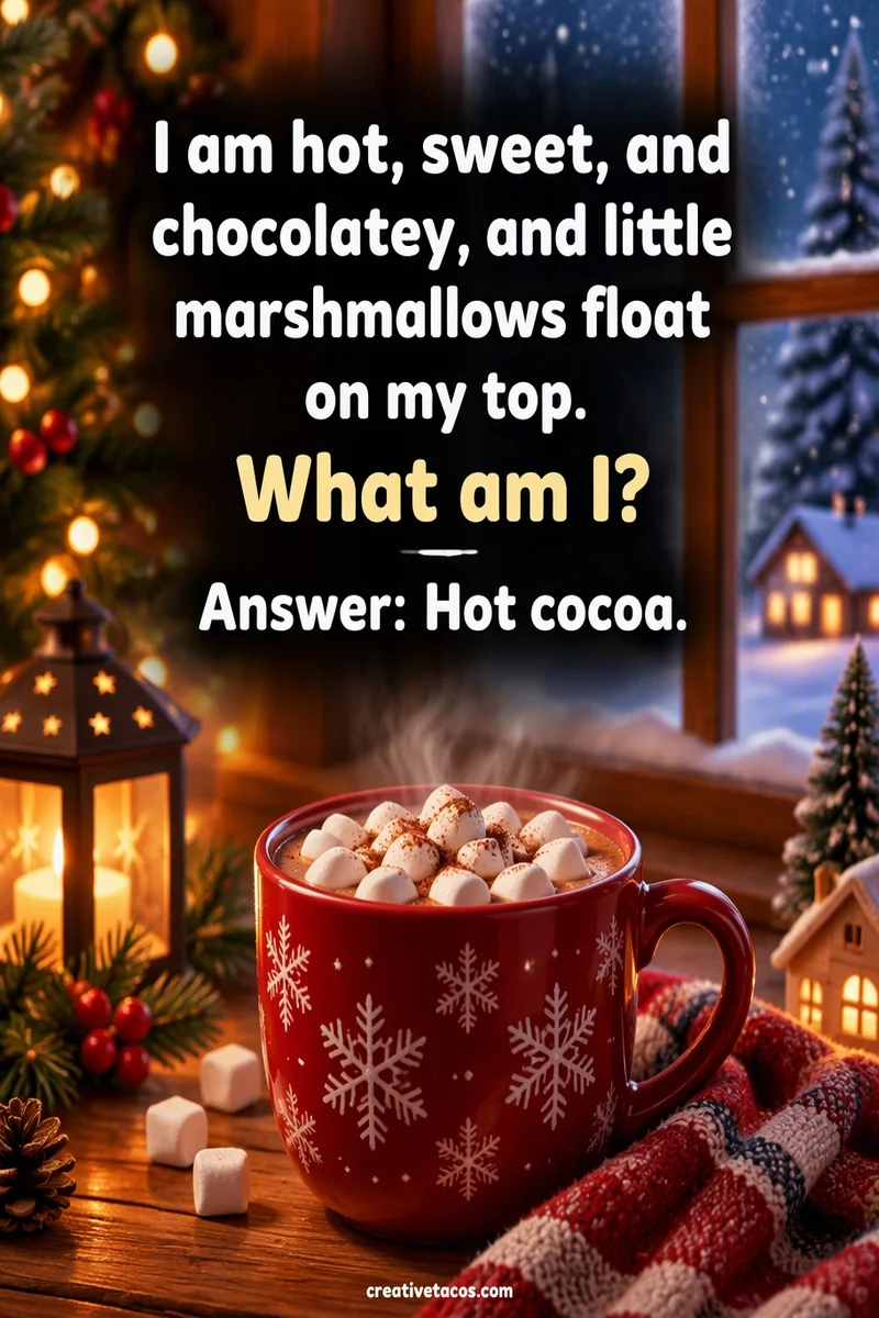 Quote card: I am hot, sweet, and chocolatey, and little marshmallows float on my top. What am I? Answer: Hot cocoa.
