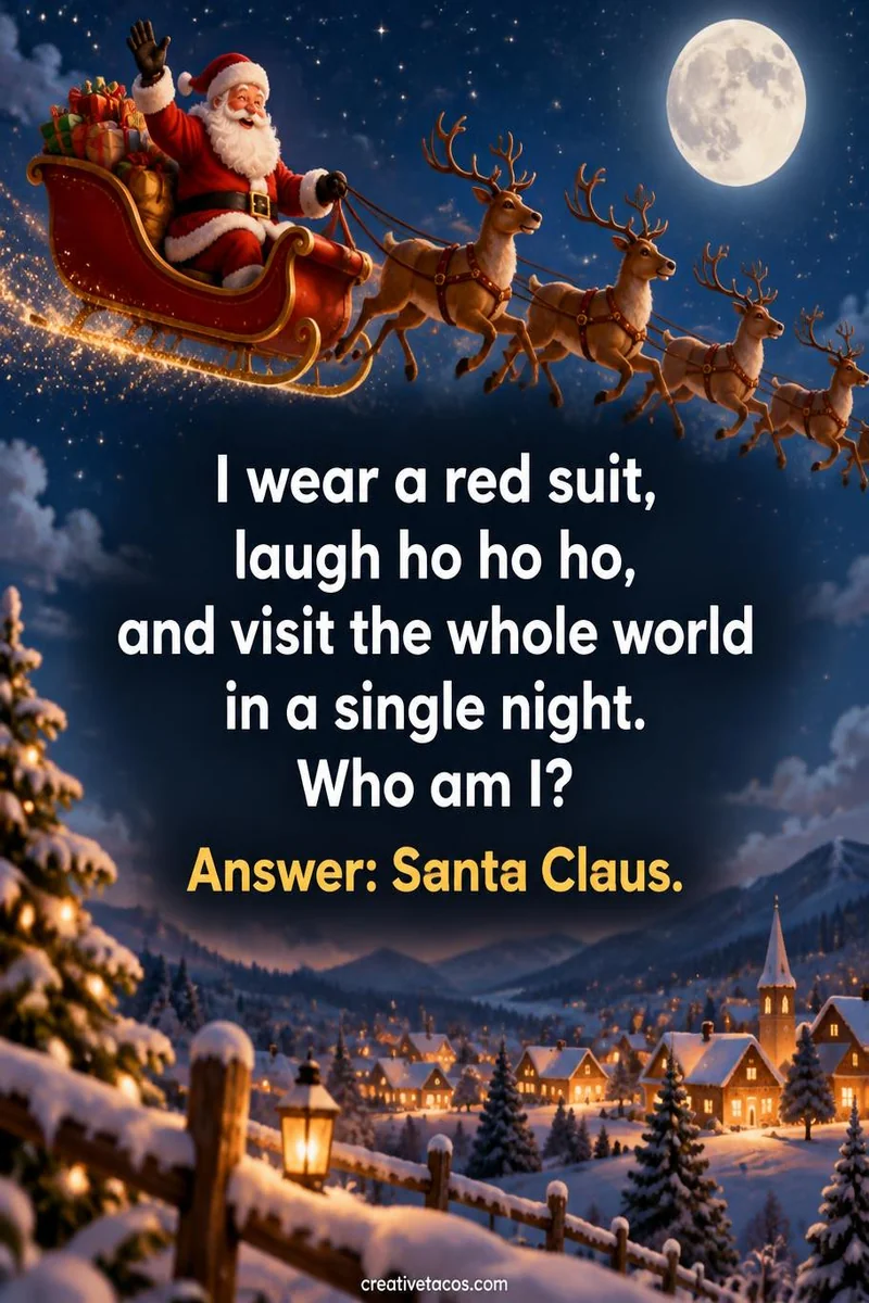 Quote card: I wear a red suit, laugh ho ho ho, and visit the whole world in a single night. Who am I? Answer: Santa Claus.
