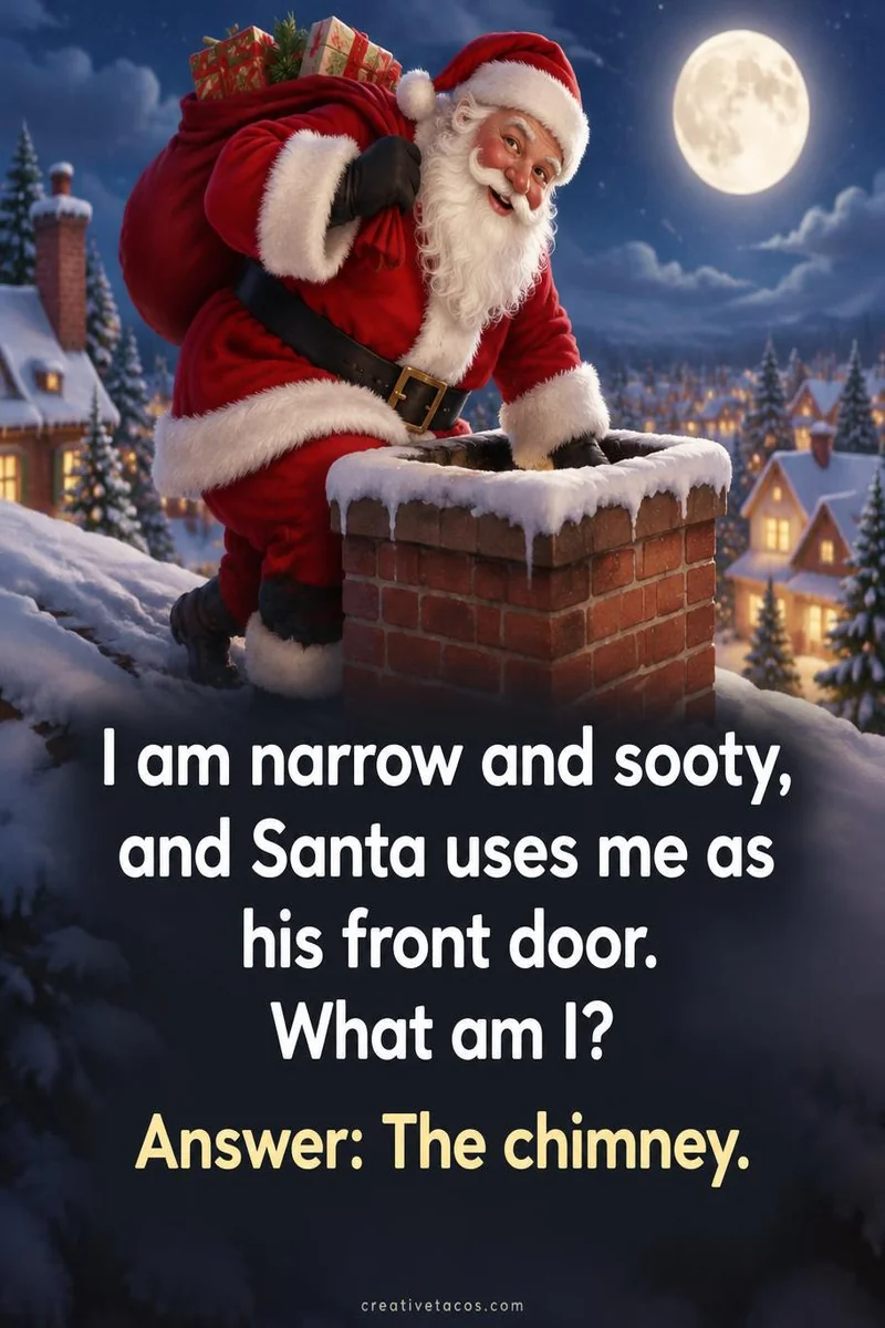 Quote card: I am narrow and sooty, and Santa uses me as his front door. What am I? Answer: The chimney.