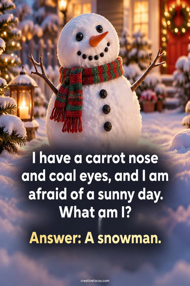 Quote card: I have a carrot nose and coal eyes, and I am afraid of a sunny day. What am I? Answer: A snowman.
