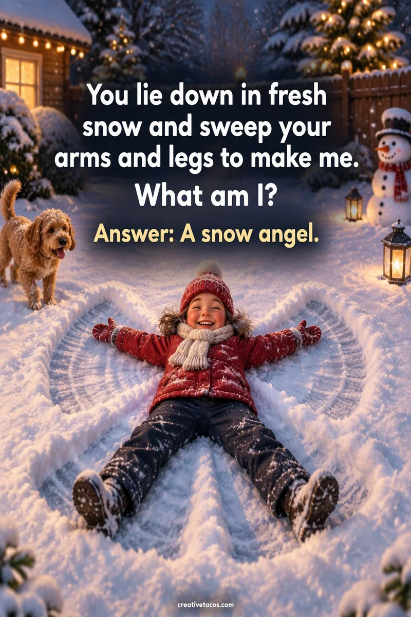 Quote card: You lie down in fresh snow and sweep your arms and legs to make me. What am I? Answer: A snow angel.