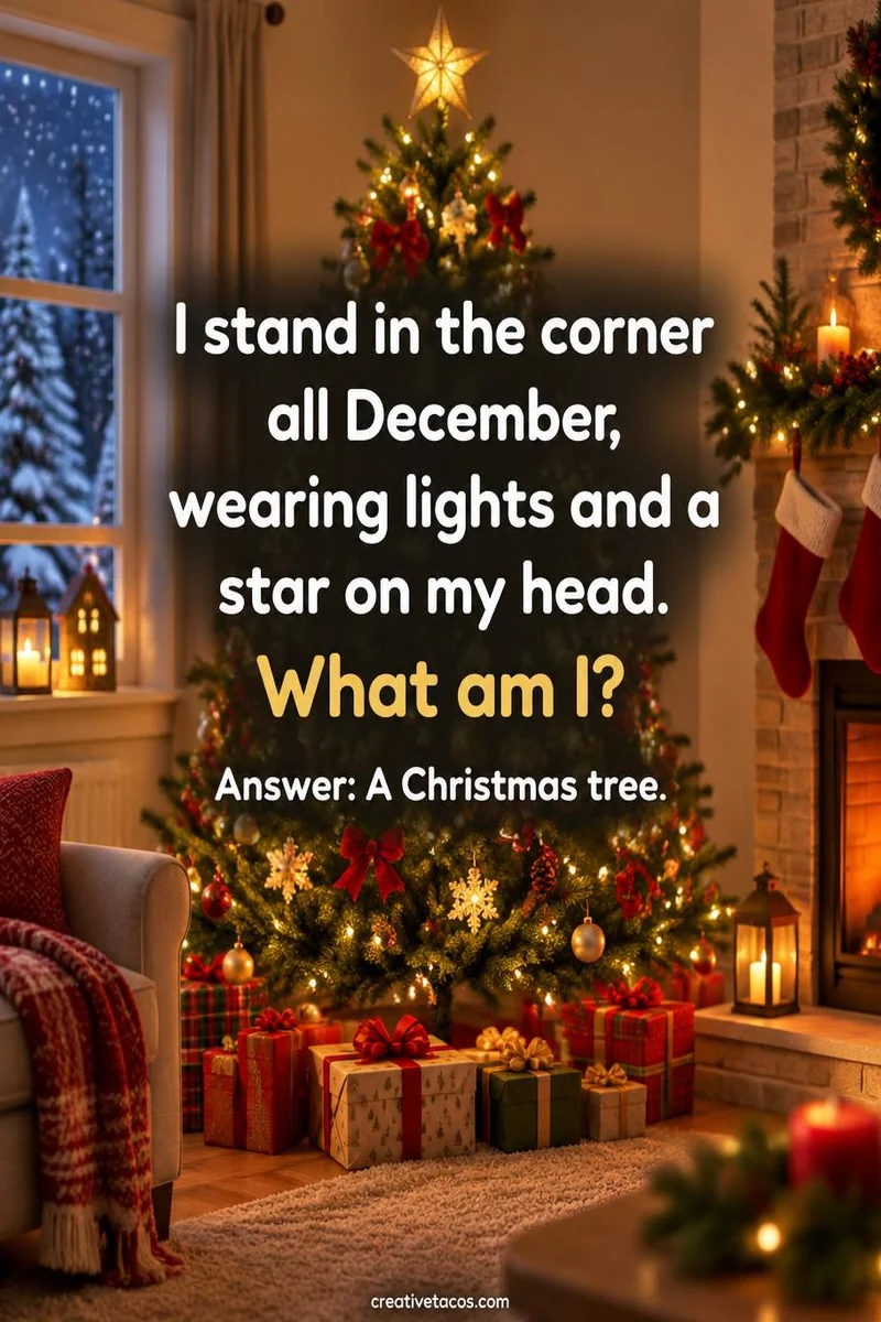 Quote card: I stand in the corner all December, wearing lights and a star on my head. What am I? Answer: A Christmas tree.
