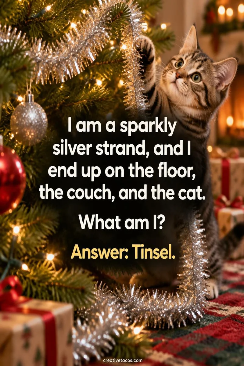 Quote card: I am a sparkly silver strand, and I end up on the floor, the couch, and the cat. What am I? Answer: Tinsel.