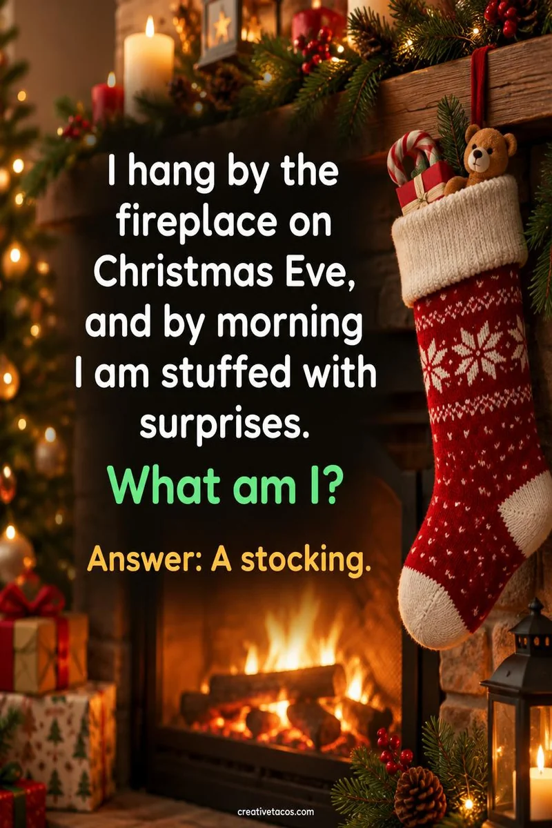 Quote card: I hang by the fireplace on Christmas Eve, and by morning I am stuffed with surprises. What am I? Answer: A stocking.