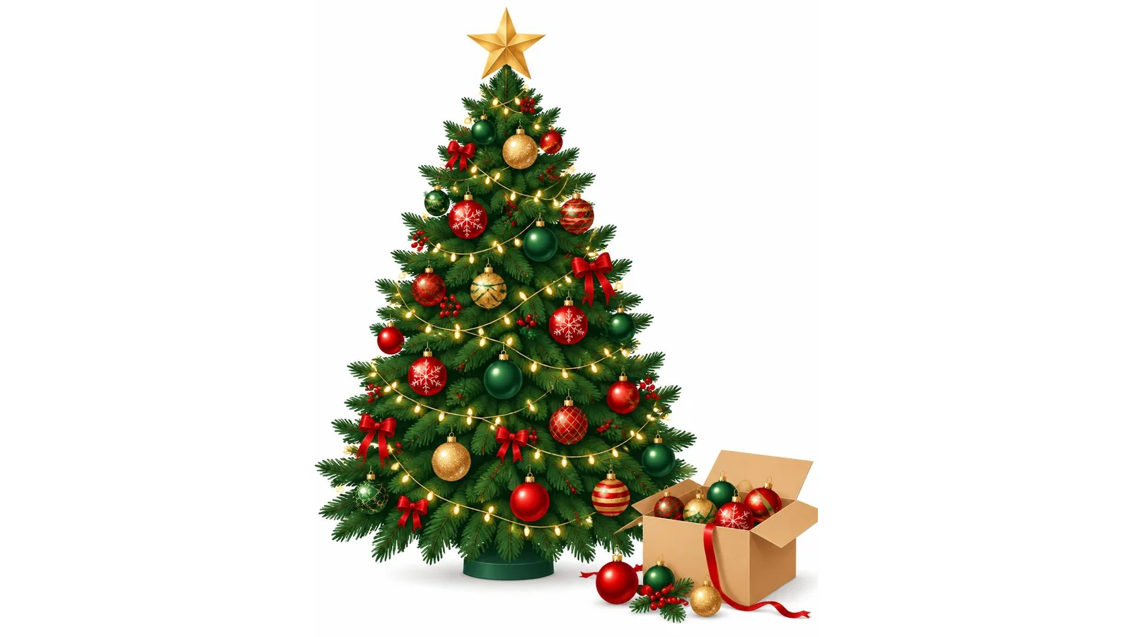 Illustration of a decorated Christmas tree with a gold star, colorful ornaments, warm lights, and an ornament box on a white background for Christmas tree quotes.