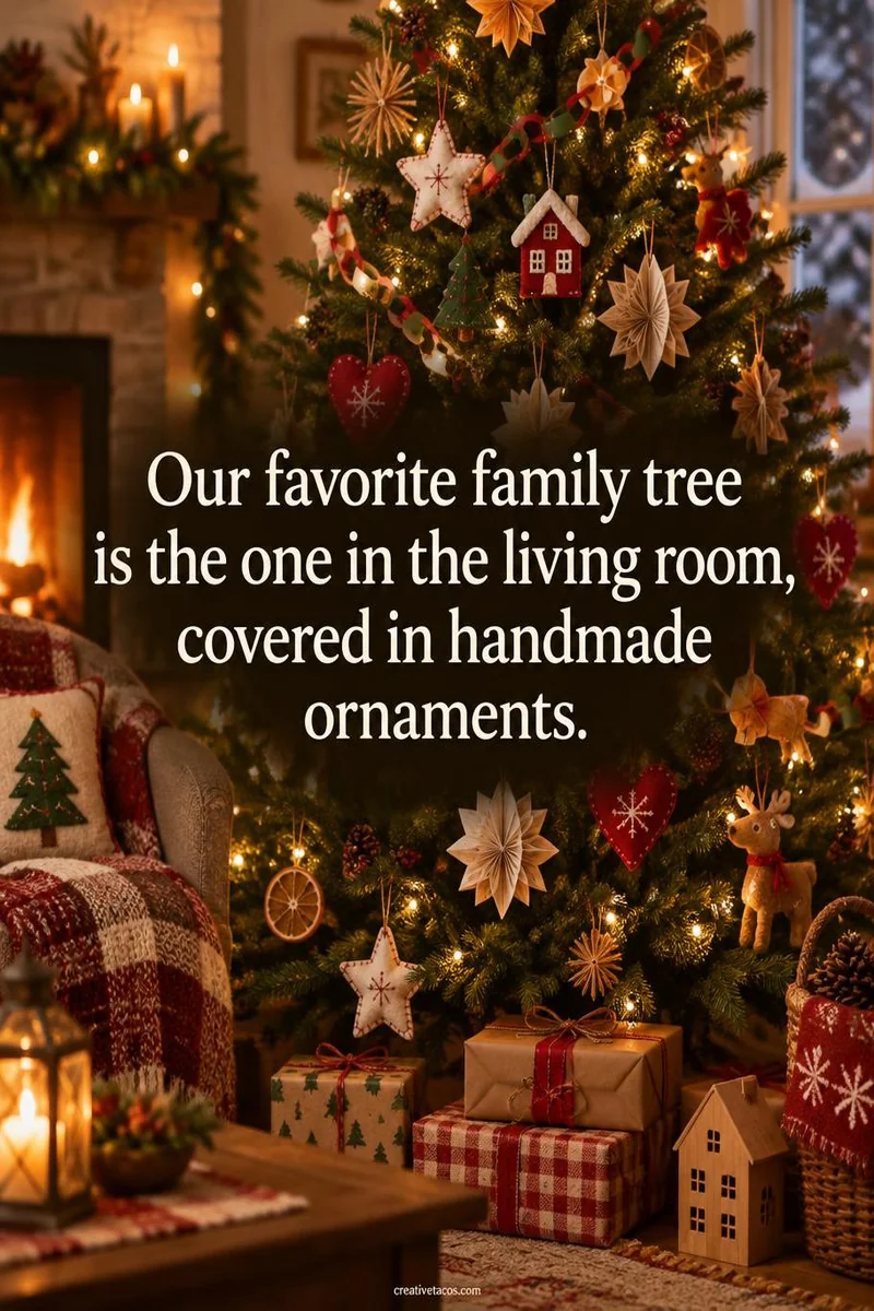 Quote card: Our favorite family tree is the one in the living room, covered in handmade ornaments.