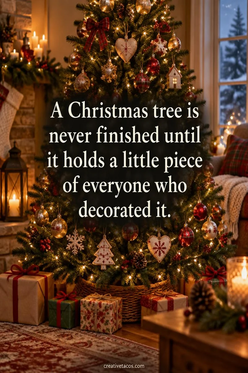 Quote card: A Christmas tree is never finished until it holds a little piece of everyone who decorated it.