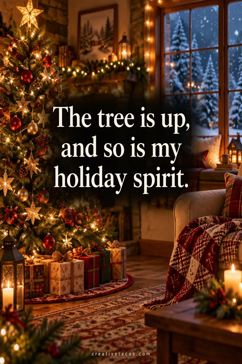 Quote card: The tree is up, and so is my holiday spirit.