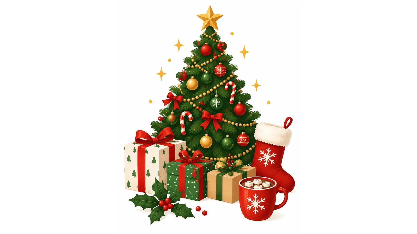 Illustration of a decorated Christmas tree, wrapped gifts, a stocking, holly, and a mug of cocoa on a white background for Christmas wishes.