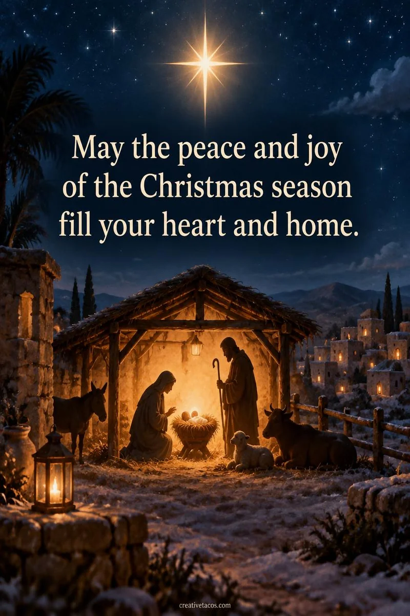 Quote card: May the peace and joy of the Christmas season fill your heart and home.