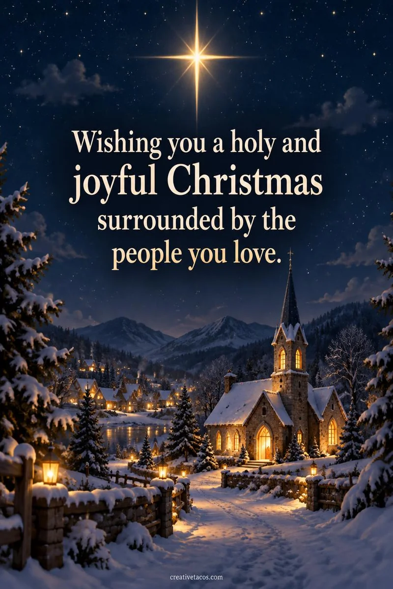 Quote card: Wishing you a holy and joyful Christmas surrounded by the people you love.