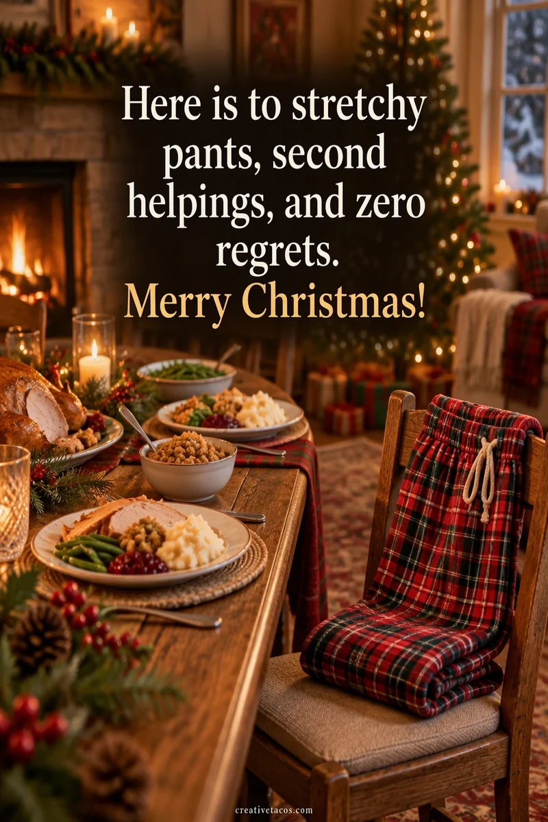 Quote card: Here is to stretchy pants, second helpings, and zero regrets. Merry Christmas!