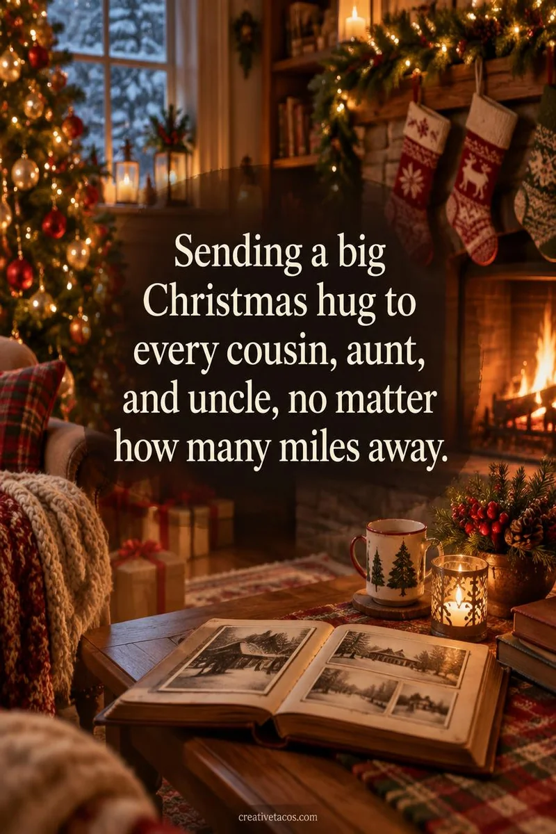 Quote card: Sending a big Christmas hug to every cousin, aunt, and uncle, no matter how many miles away.