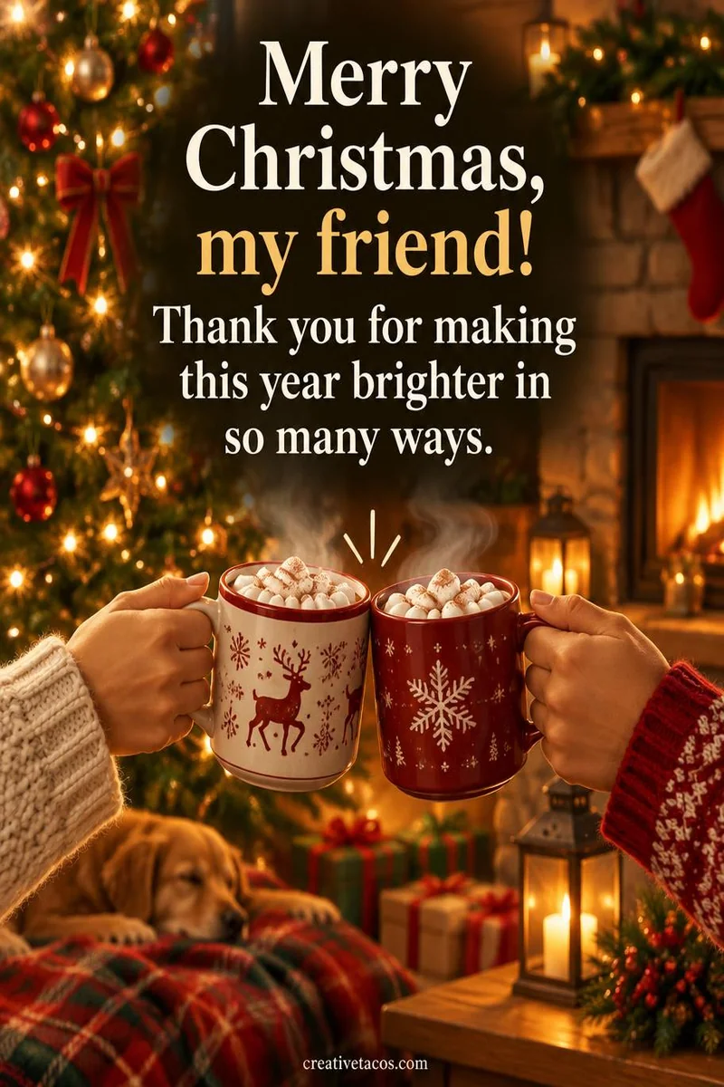 Quote card: Merry Christmas, my friend! Thank you for making this year brighter in so many ways.