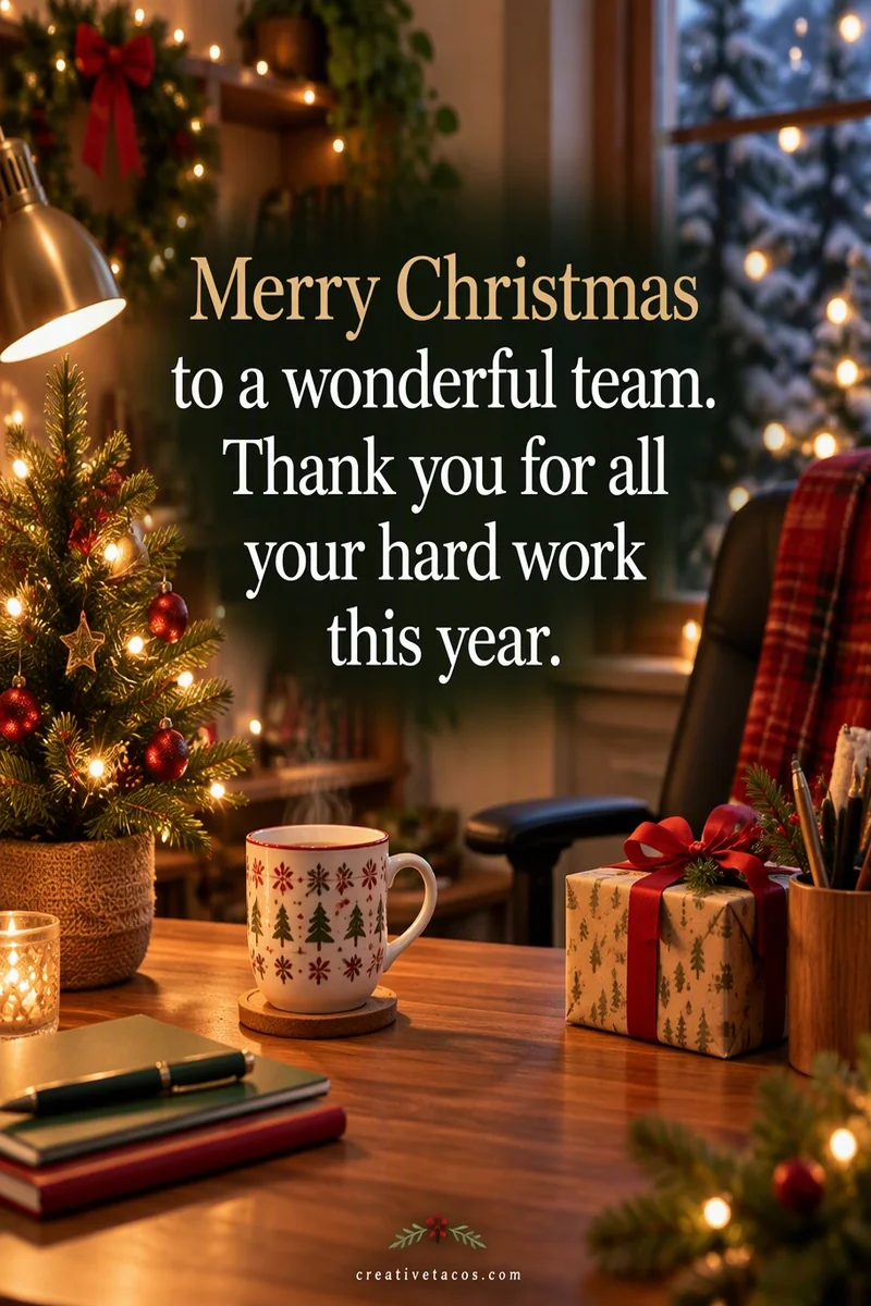 Quote card: Merry Christmas to a wonderful team. Thank you for all your hard work this year.