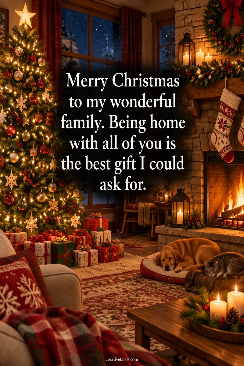Quote card: Merry Christmas to my wonderful family. Being home with all of you is the best gift I could ask for.