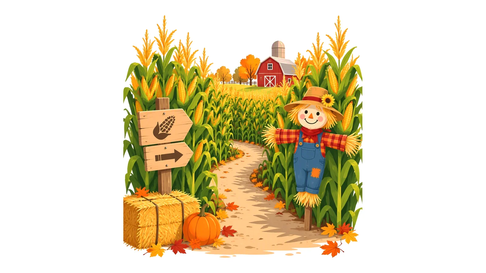 Clean illustration of tall corn stalks, a winding maze path, a scarecrow, and a red barn on a white background for corn maze captions.