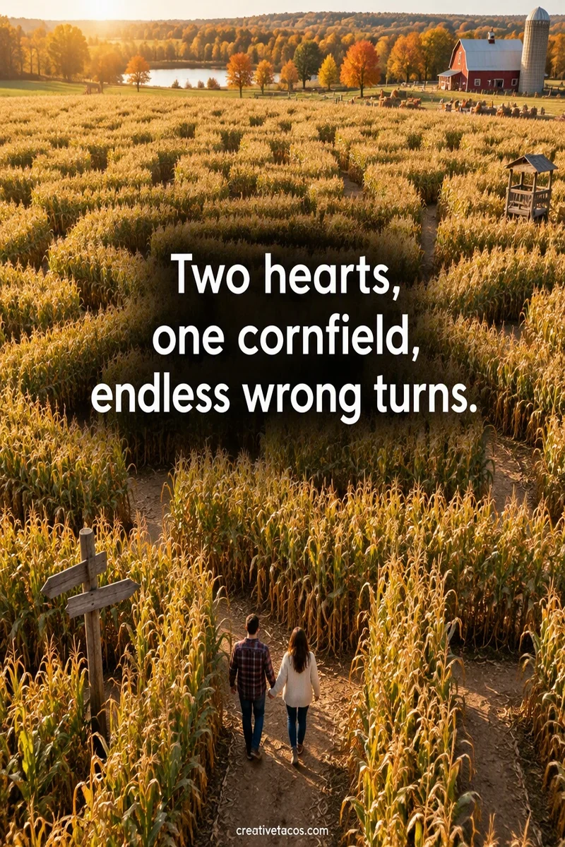 Quote card: Two hearts, one cornfield, endless wrong turns.