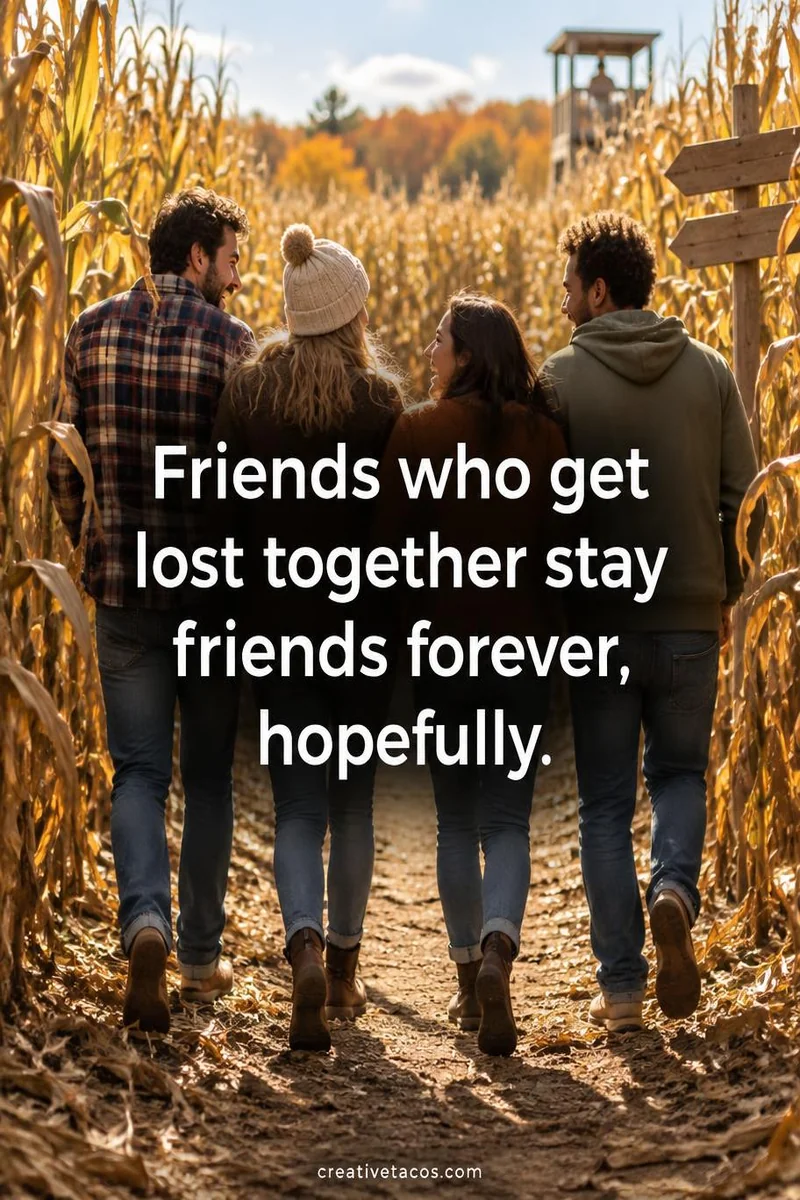 Quote card: Friends who get lost together stay friends forever, hopefully.
