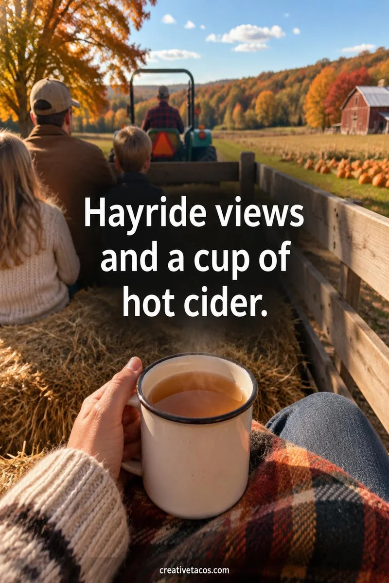 Quote card: Hayride views and a cup of hot cider.